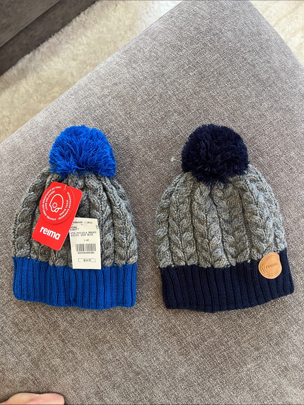 Reima Kids Grey Cable Knit Pom Beanie with Blue Trim
